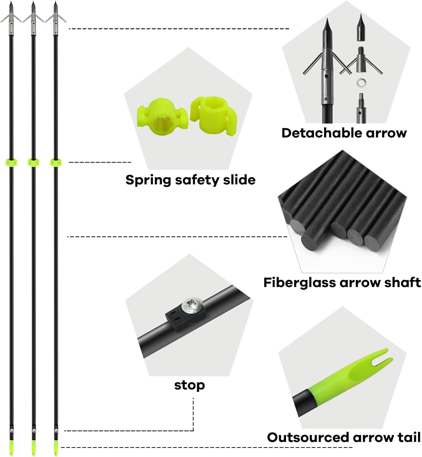 2/8Pack 34 Inches Bowfishing Arrows 8mm Fiberglass Fishing Arrow with Removeable Tips and Safety Slides for Archery Bow Fishing