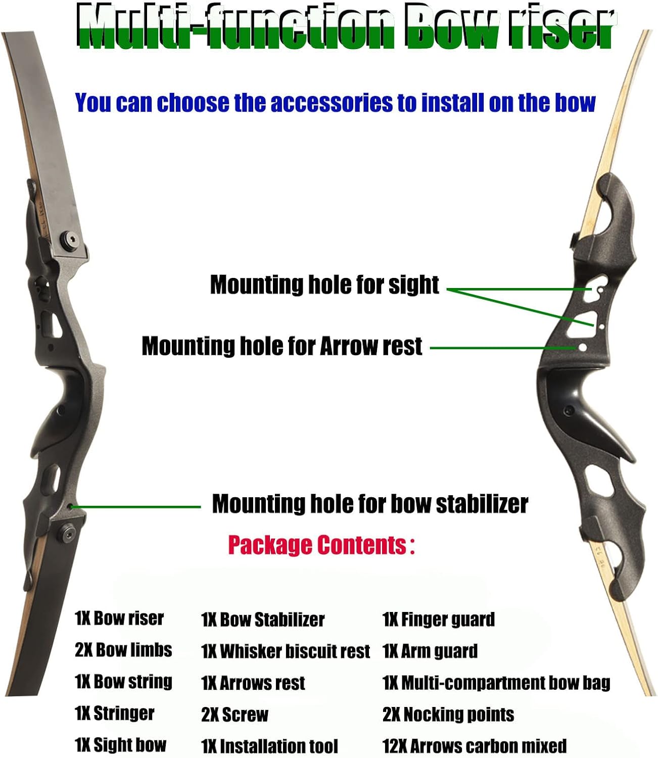 60" Takedown Recurve Bow and Arrows Set for Adults with Aluminum Bow Riser 30lbs-50lbs Right Hand Hunting Bows Kit for Adults Beginner with 12 Pcs Carbon Arrows for Archery Practice Hunting