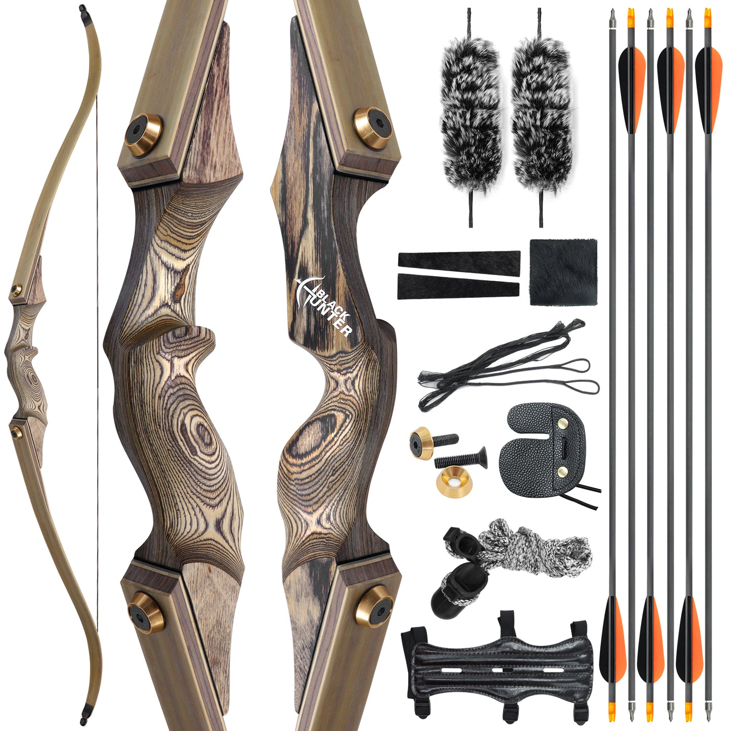 60'' Black Hunter Hunting Recurve Bow for Adults Archery Wooden Recurve Bow Kit with 6pcs Pure Carbon Arrows for Shooting Competition Right Hand（20-60lbs）