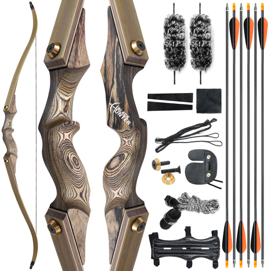 60'' Black Hunter Hunting Recurve Bow for Adults Archery Wooden Recurve Bow Kit with 6pcs Pure Carbon Arrows for Shooting Competition Right Hand（20-60lbs）
