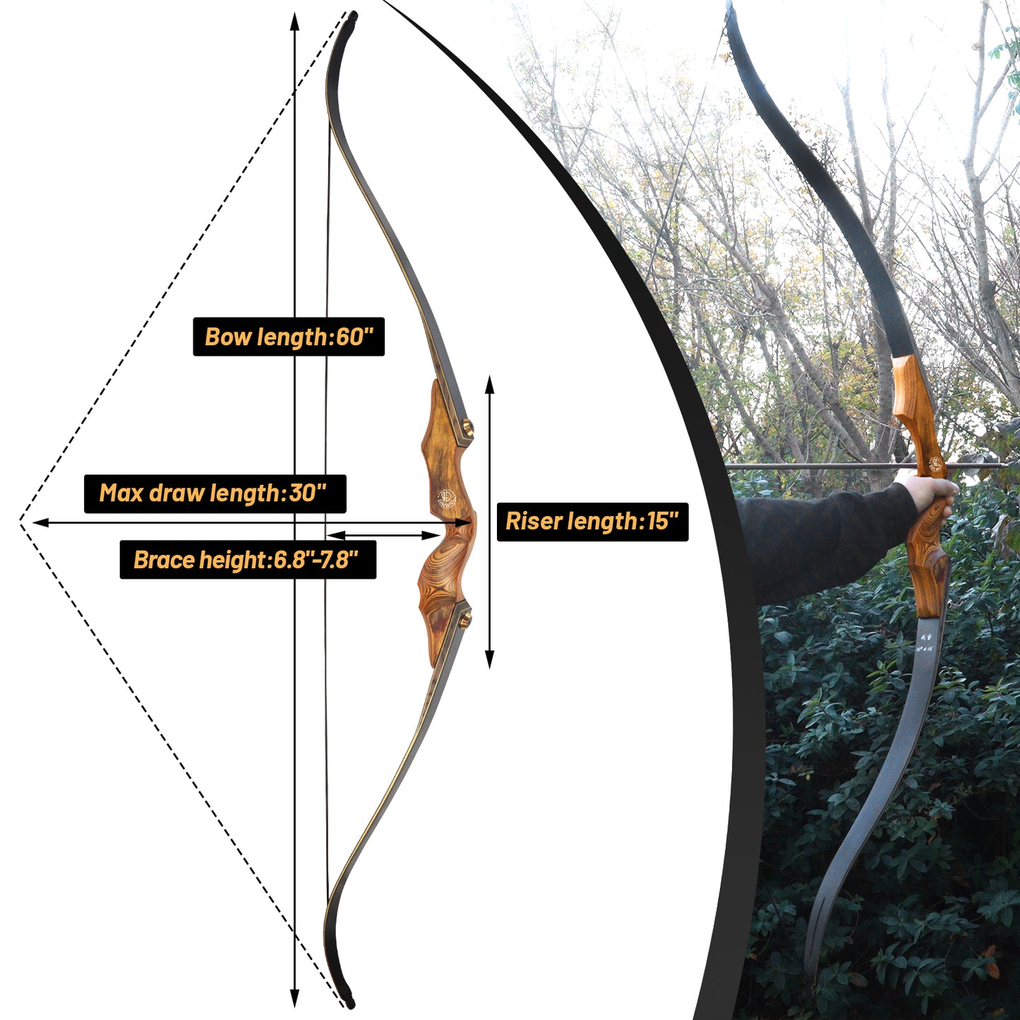 60'' Archery Recurve Bows Kit for Adults 20-60lbs Recurve Bow and Arrows and Replacable Broadheads Takedown Wooden Bows Kit with Bow Bag for Hunting