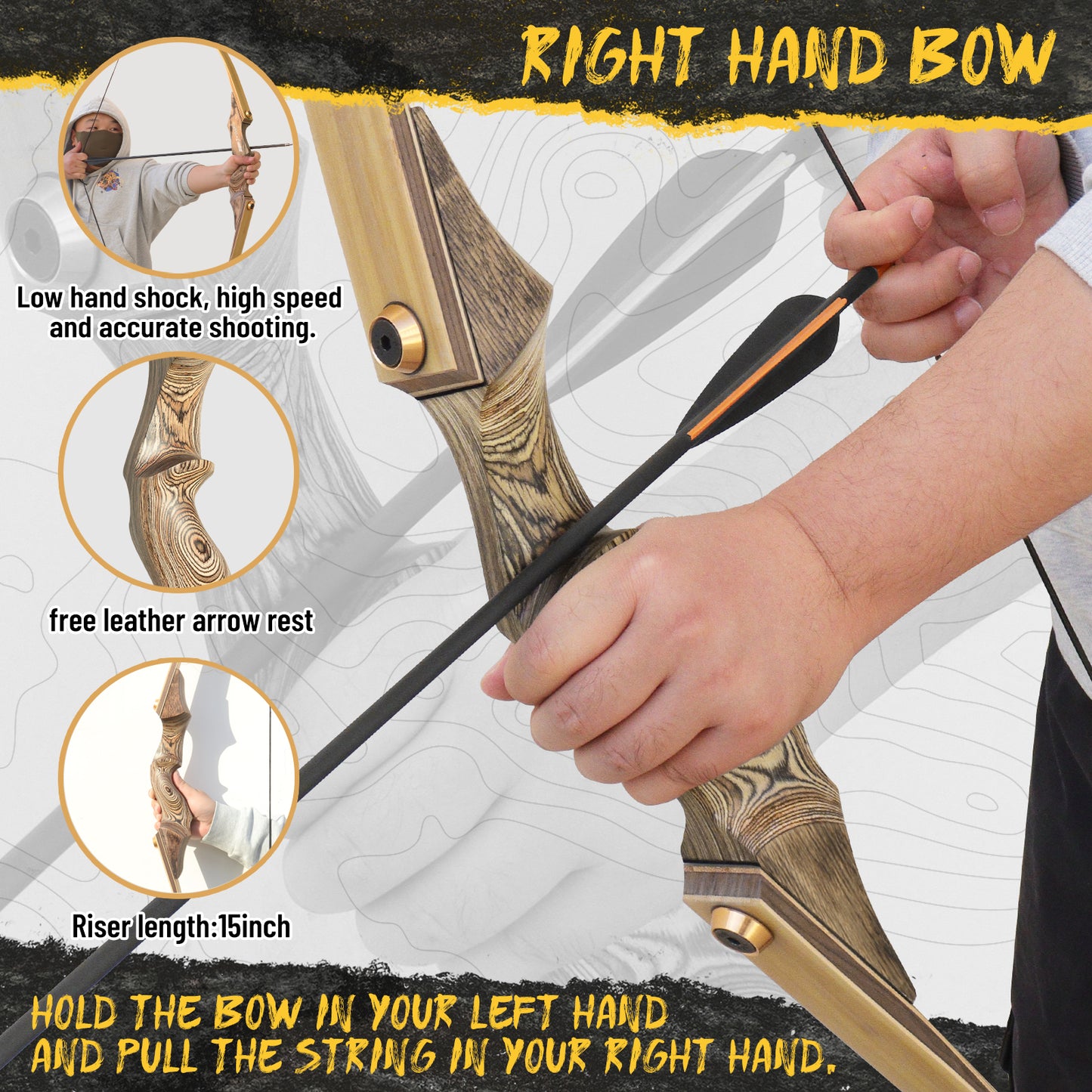 60'' Black Hunter Hunting Recurve Bow for Adults Archery Wooden Recurve Bow Kit with 6pcs Pure Carbon Arrows for Shooting Competition Right Hand（20-60lbs）
