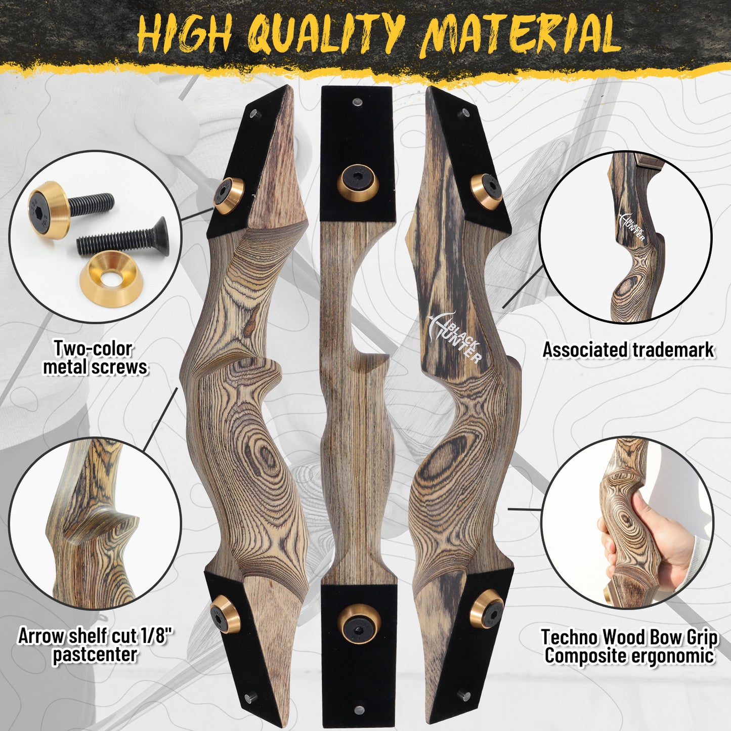 60'' Black Hunter Hunting Recurve Bow for Adults Archery Wooden Recurve Bow Kit with 6pcs Pure Carbon Arrows for Shooting Competition Right Hand（20-60lbs）