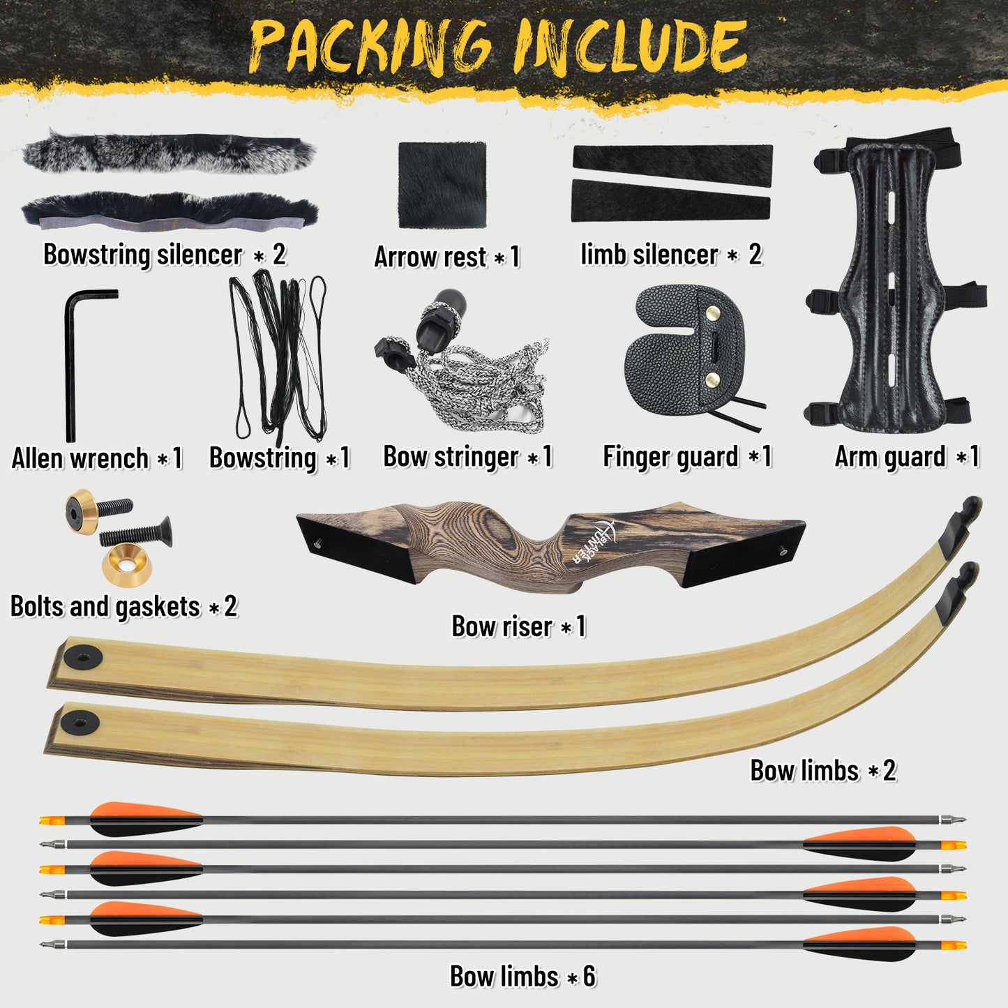 60'' Black Hunter Hunting Recurve Bow for Adults Archery Wooden Recurve Bow Kit with 6pcs Pure Carbon Arrows for Shooting Competition Right Hand（20-60lbs）