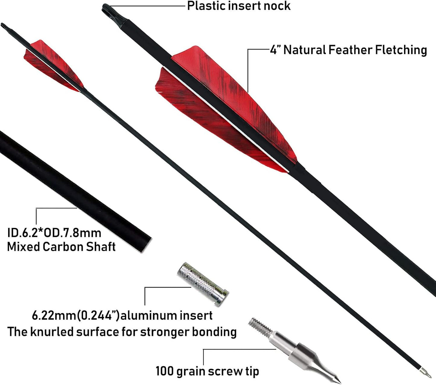 31 inch Carbon Arrows Archery 500 Spine Targeting Practice Arrows Removable Arrow with Feather Fletching Screw Field Points Replaceable Tips for Recurve Bow Compound Bow Long Bow