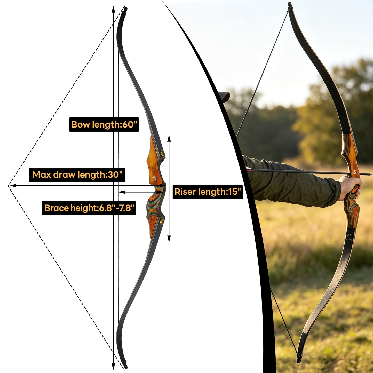 60" 20-60lb Takedown Recurve Bow Set for Adults Archery Bows with Arm Guard Right hand wooden recurve bows with arm and finger guard, archery hunting recurve bow set for adults