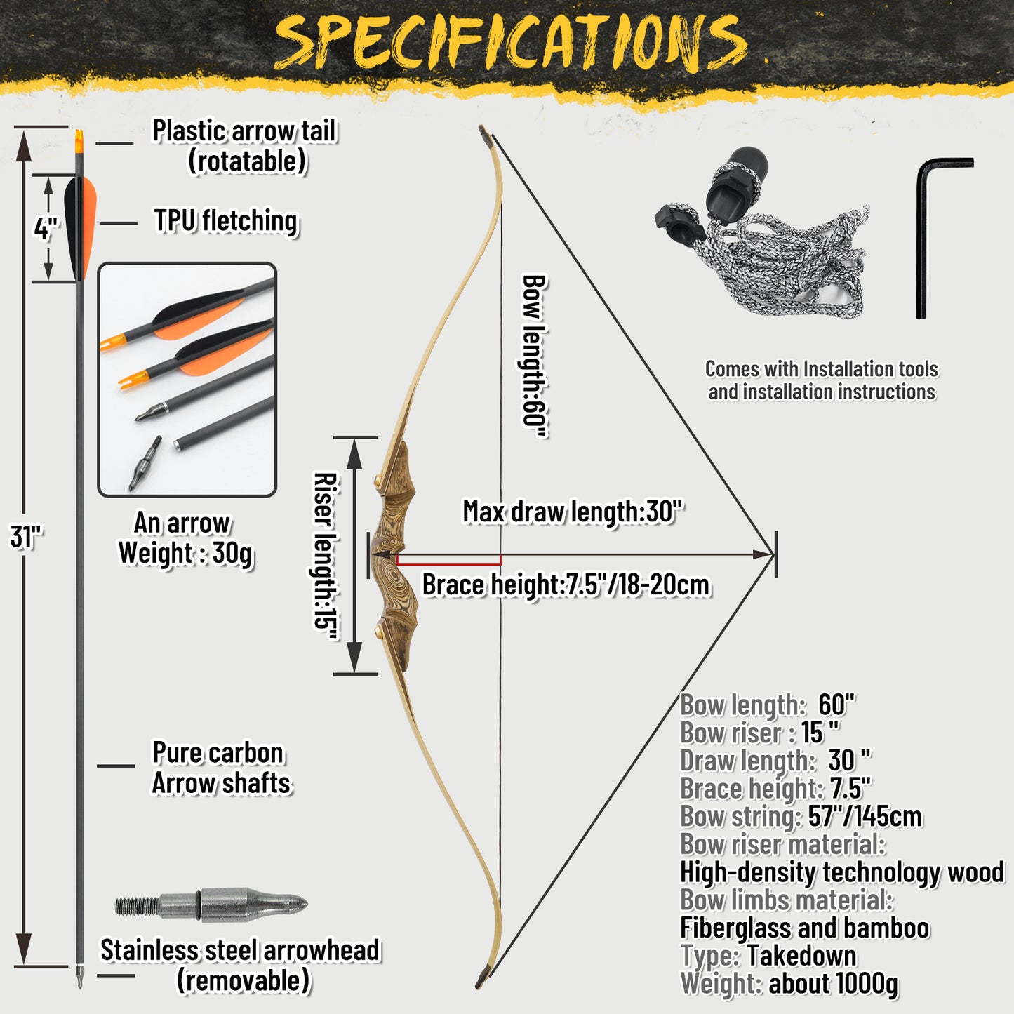 60'' Black Hunter Hunting Recurve Bow for Adults Archery Wooden Recurve Bow Kit with 6pcs Pure Carbon Arrows for Shooting Competition Right Hand（20-60lbs）