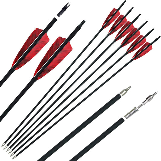 31 inch Carbon Arrows Archery 500 Spine Targeting Practice Arrows Removable Arrow with Feather Fletching Screw Field Points Replaceable Tips for Recurve Bow Compound Bow Long Bow