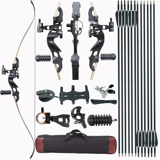 60" Takedown Recurve Bow and Arrows Set for Adults with Aluminum Bow Riser 30lbs-50lbs Right Hand Hunting Bows Kit for Adults Beginner with 12 Pcs Carbon Arrows for Archery Practice Hunting