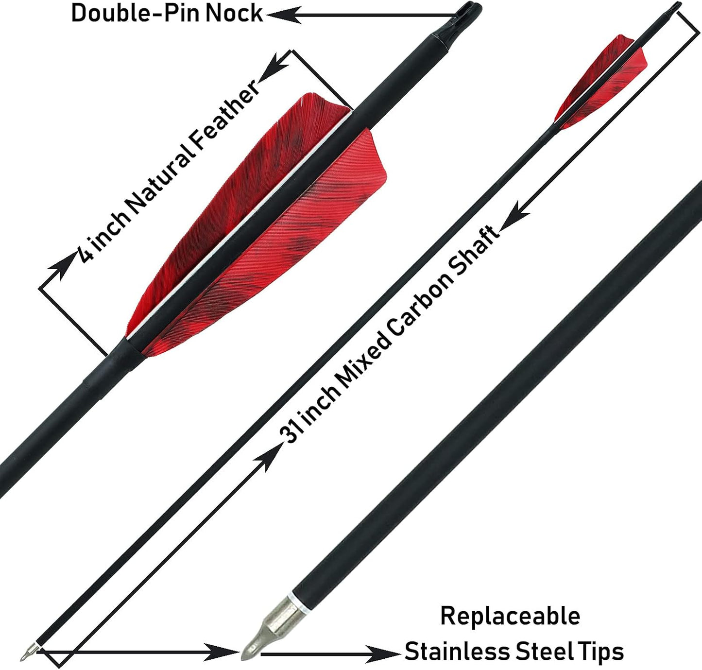 31 inch Carbon Arrows Archery 500 Spine Targeting Practice Arrows Removable Arrow with Feather Fletching Screw Field Points Replaceable Tips for Recurve Bow Compound Bow Long Bow
