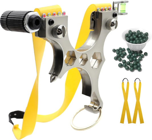Multifunctional Stainless Steel Slingshot With Sight Bottle Opener Wrench Keychain Slingshots For Aldults With 2 Rubber Bands And 50 Ammo