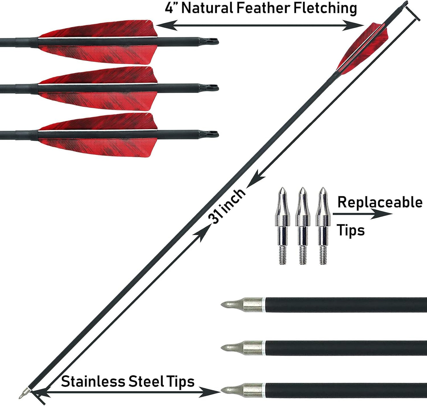 31 inch Carbon Arrows Archery 500 Spine Targeting Practice Arrows Removable Arrow with Feather Fletching Screw Field Points Replaceable Tips for Recurve Bow Compound Bow Long Bow
