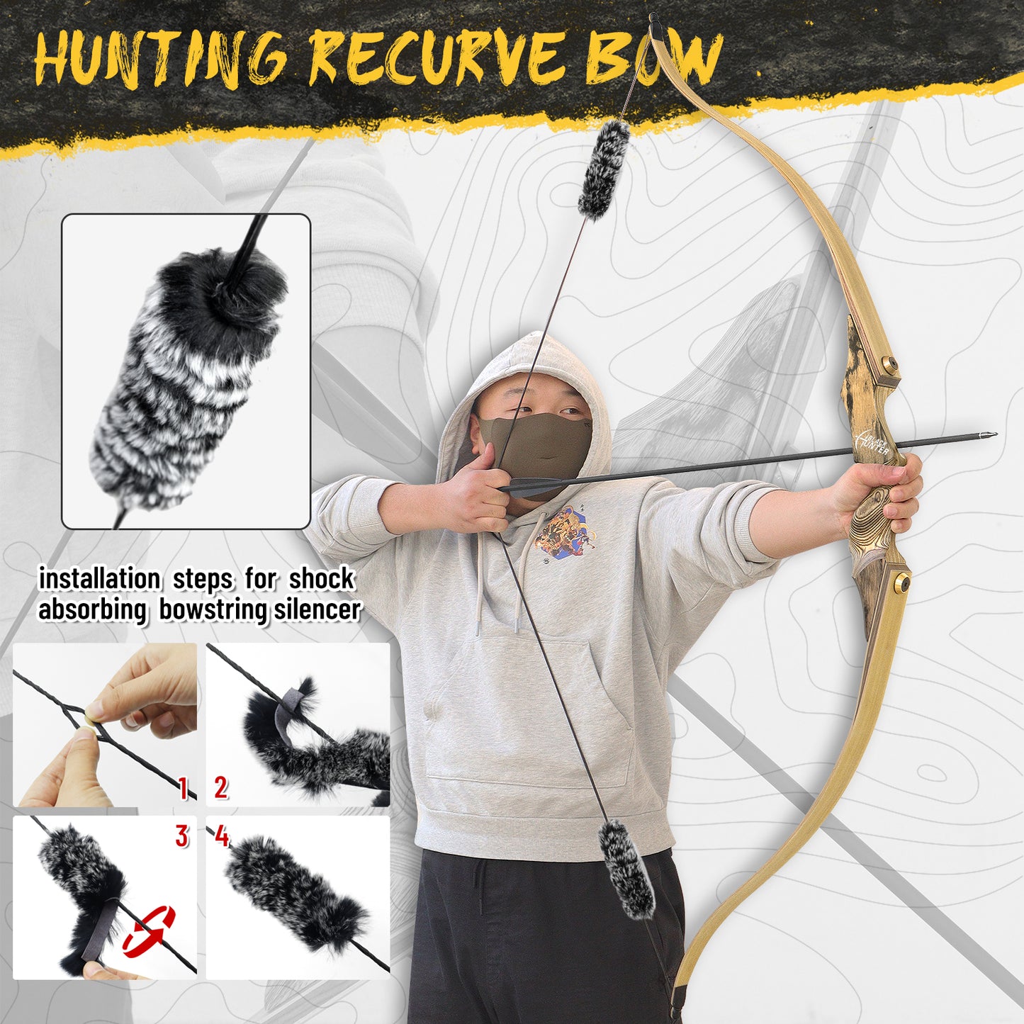 60'' Black Hunter Hunting Recurve Bow for Adults Archery Wooden Recurve Bow Kit with 6pcs Pure Carbon Arrows for Shooting Competition Right Hand（20-60lbs）