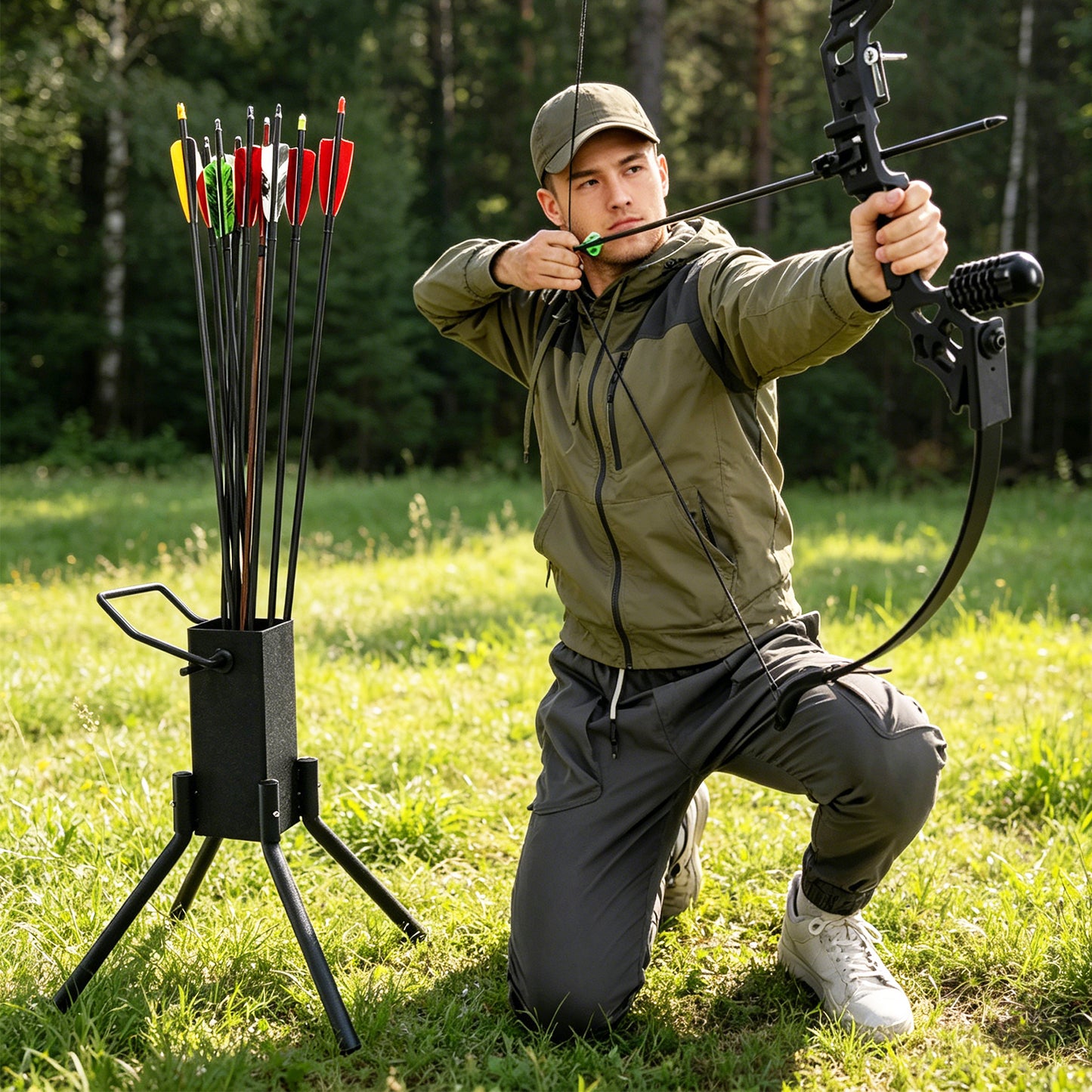 Archery Bow Stand with Arrow Quiver Foldable Bow and Arrow Holder for Hunting Recurve Bow Quiver Stand for Shooting Target