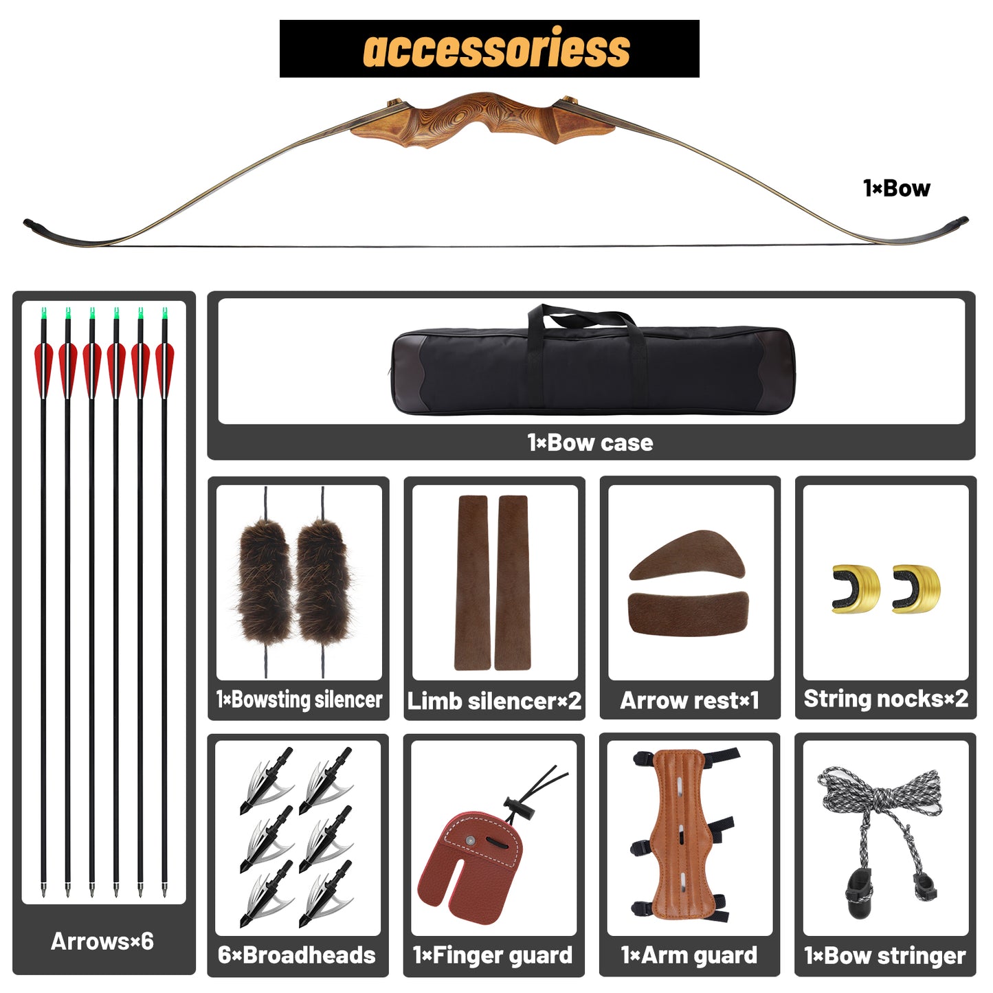 60'' Archery Recurve Bows Kit for Adults 20-60lbs Recurve Bow and Arrows and Replacable Broadheads Takedown Wooden Bows Kit with Bow Bag for Hunting