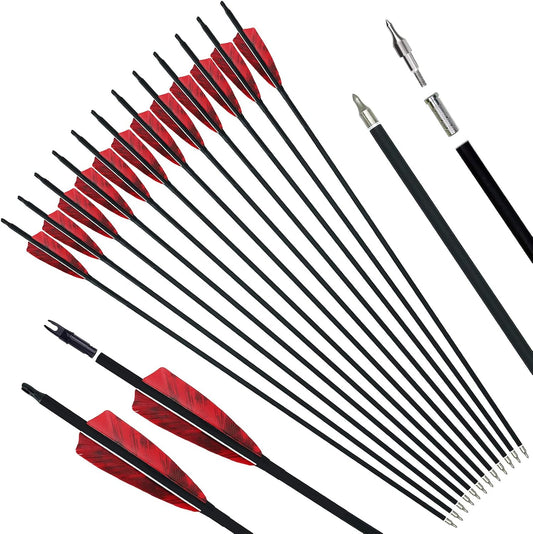 31 inch Carbon Arrows Archery 500 Spine Targeting Practice Arrows Removable Arrow with Feather Fletching Screw Field Points Replaceable Tips for Recurve Bow Compound Bow Long Bow