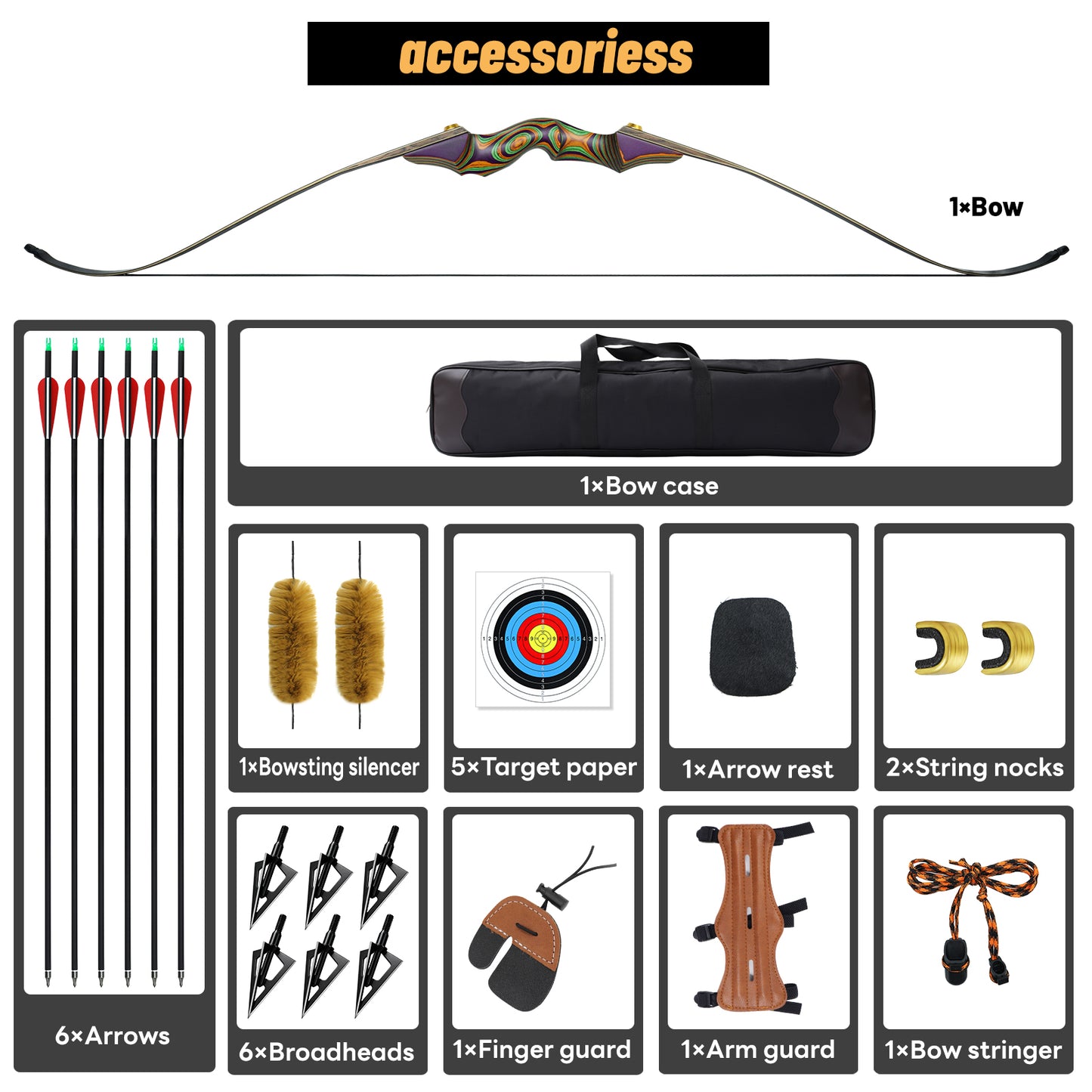 60'' 20-60lbs Archery Recurve Bow and Arrow for Adults Right Hand Takedown Wooden Recurve Bows with 6 Extra Arrow Heads and Bow Case